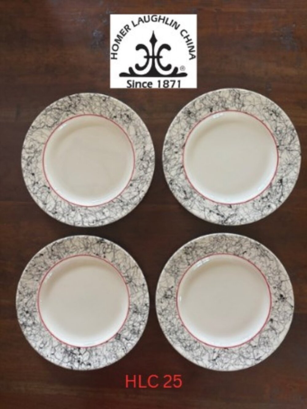 Homer Laughlin Dinner Plates with Black Marble Border & Red Trim HLC25